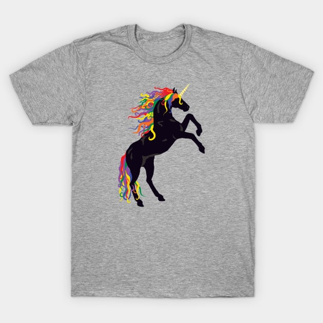 Rainbow Maned Black Unicorn T-Shirt by PeregrinusCreative